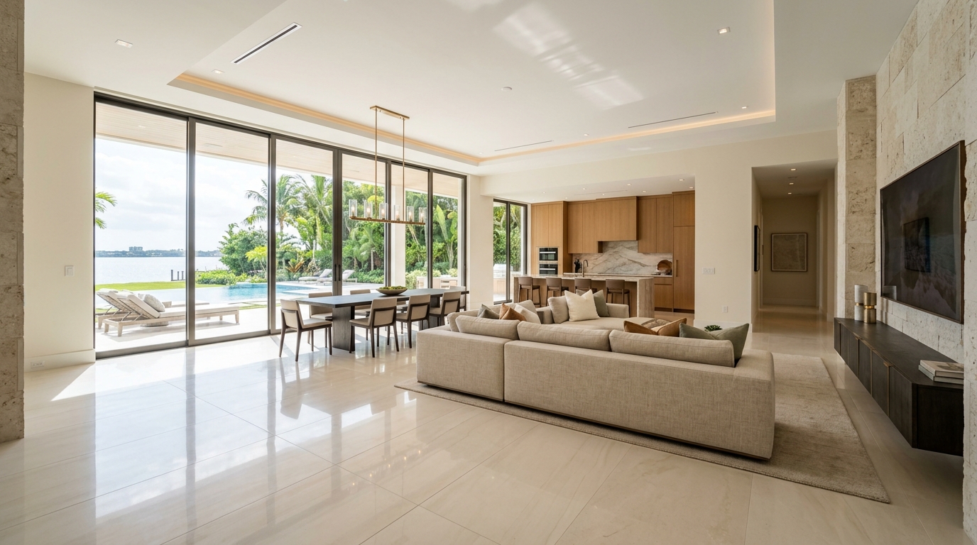 Modern residential living room and porcelain tile flooring in Florida